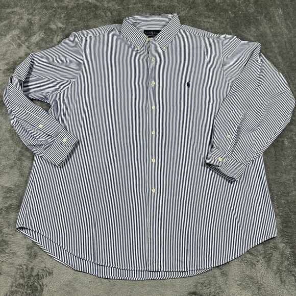 Polo Ralph Lauren Shirt Men’s 17.5” 34/35 White Blue Stripes Button Up Worker - Picture 1 of 9
